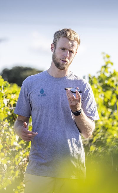 A man standing in a vineyard row while giving voice commands to the Croptide Alora AI Assistant on his mobile phone